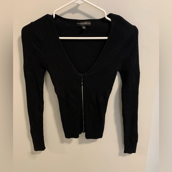 GUESS Black Ribbed Knit Rhinestone Zip-Up Cardigan Top - XS - Picture 7 of 10